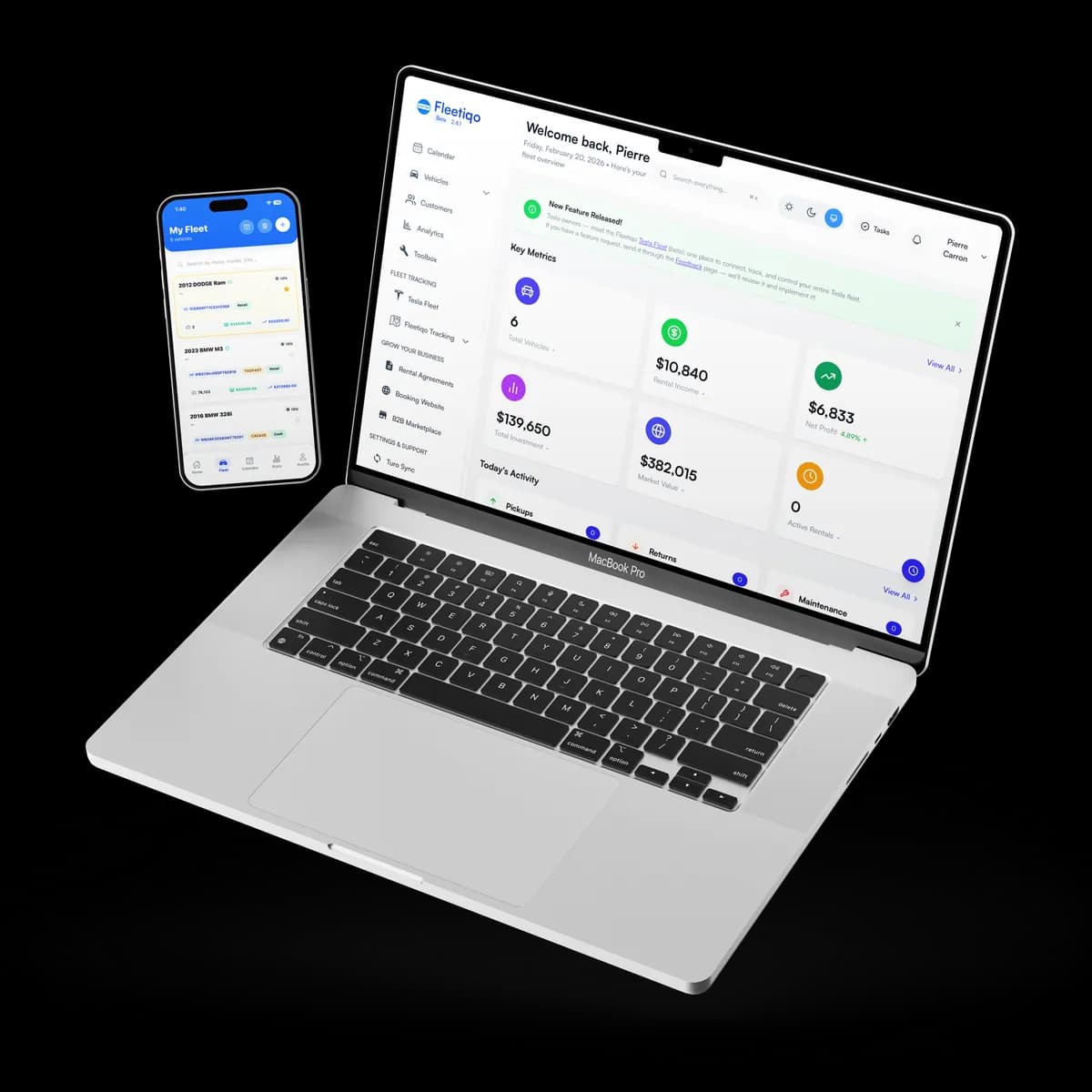 The Fleetiqo dashboard showing fleet revenue, bookings and vehicle status